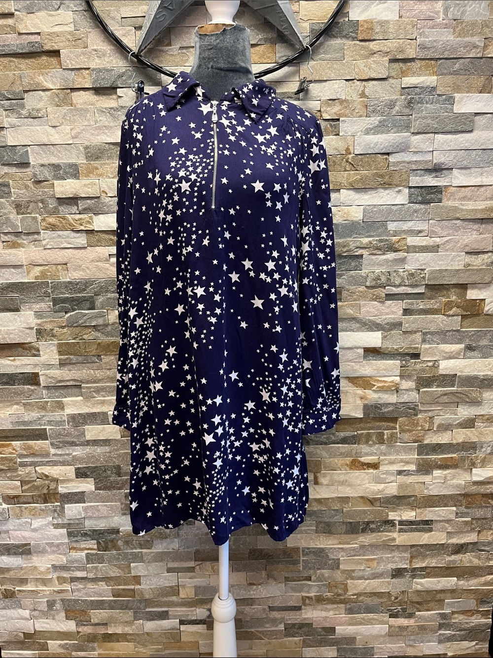JustFab Navy Blue Star Print Long Sleeve Dress